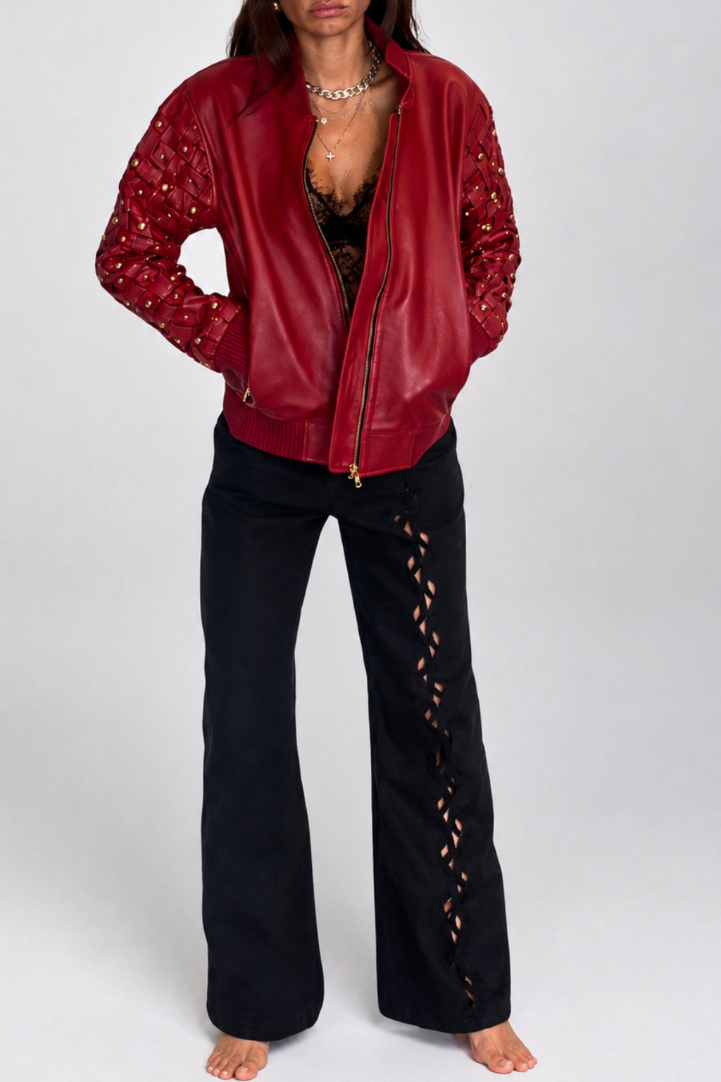Caged Leather Bomber Red - Gold Hardware, detail