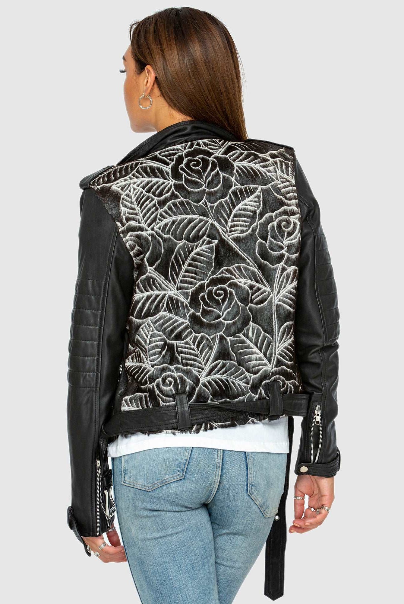 Carved Leather Biker Jacket - Black Rose Rocky Rafaela