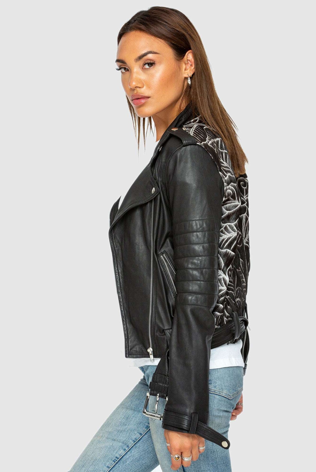 Carved Leather Biker Jacket - Black Rose