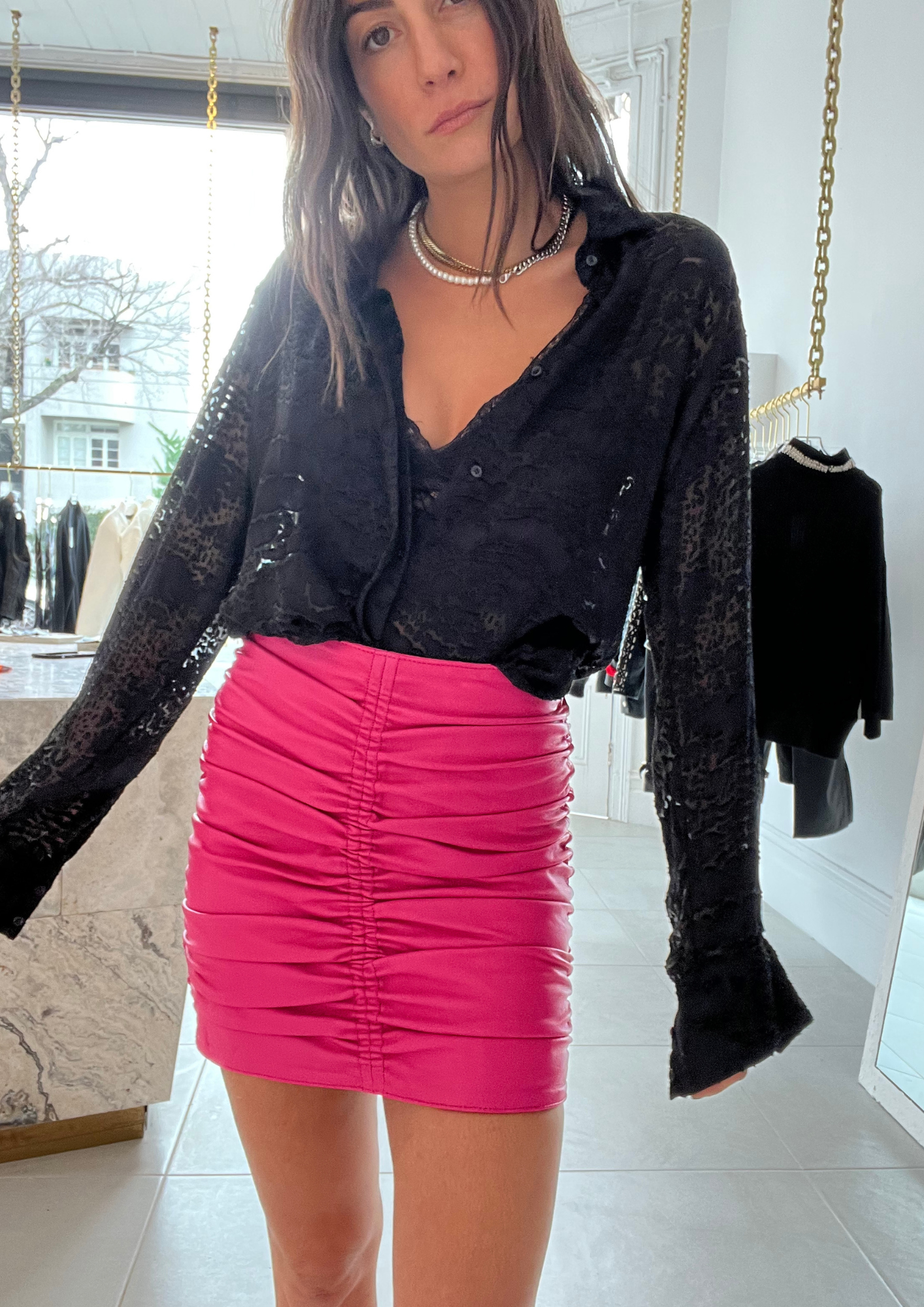 Leather Gather Skirt - Pink