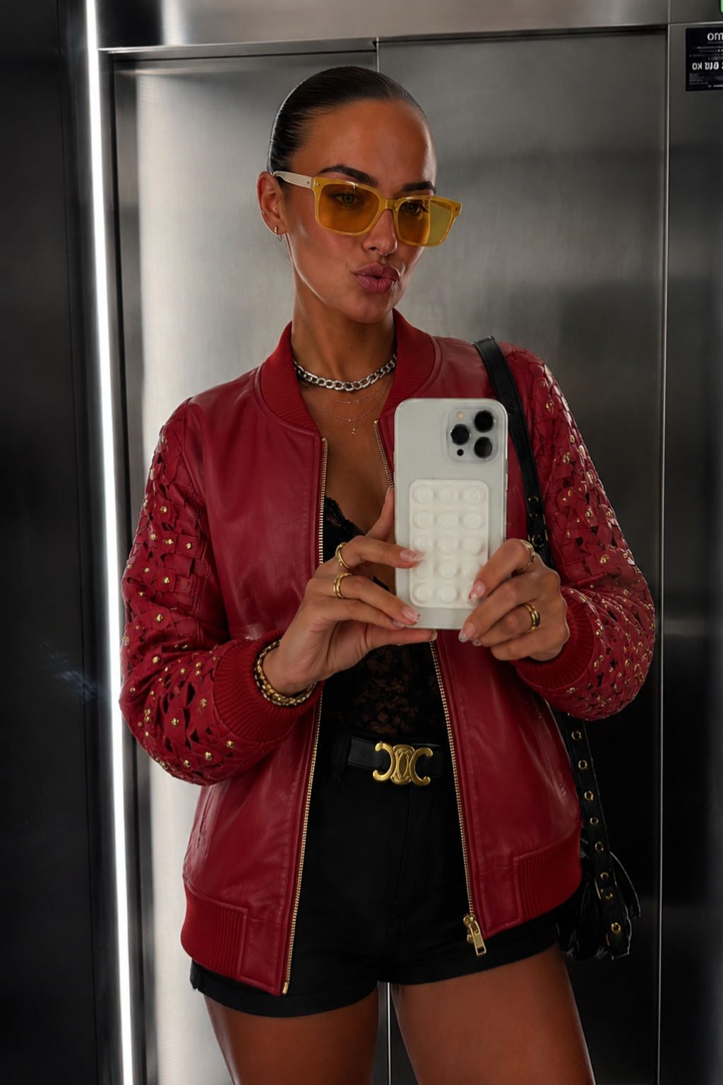 Caged Leather Bomber Red - Gold Hardware, back