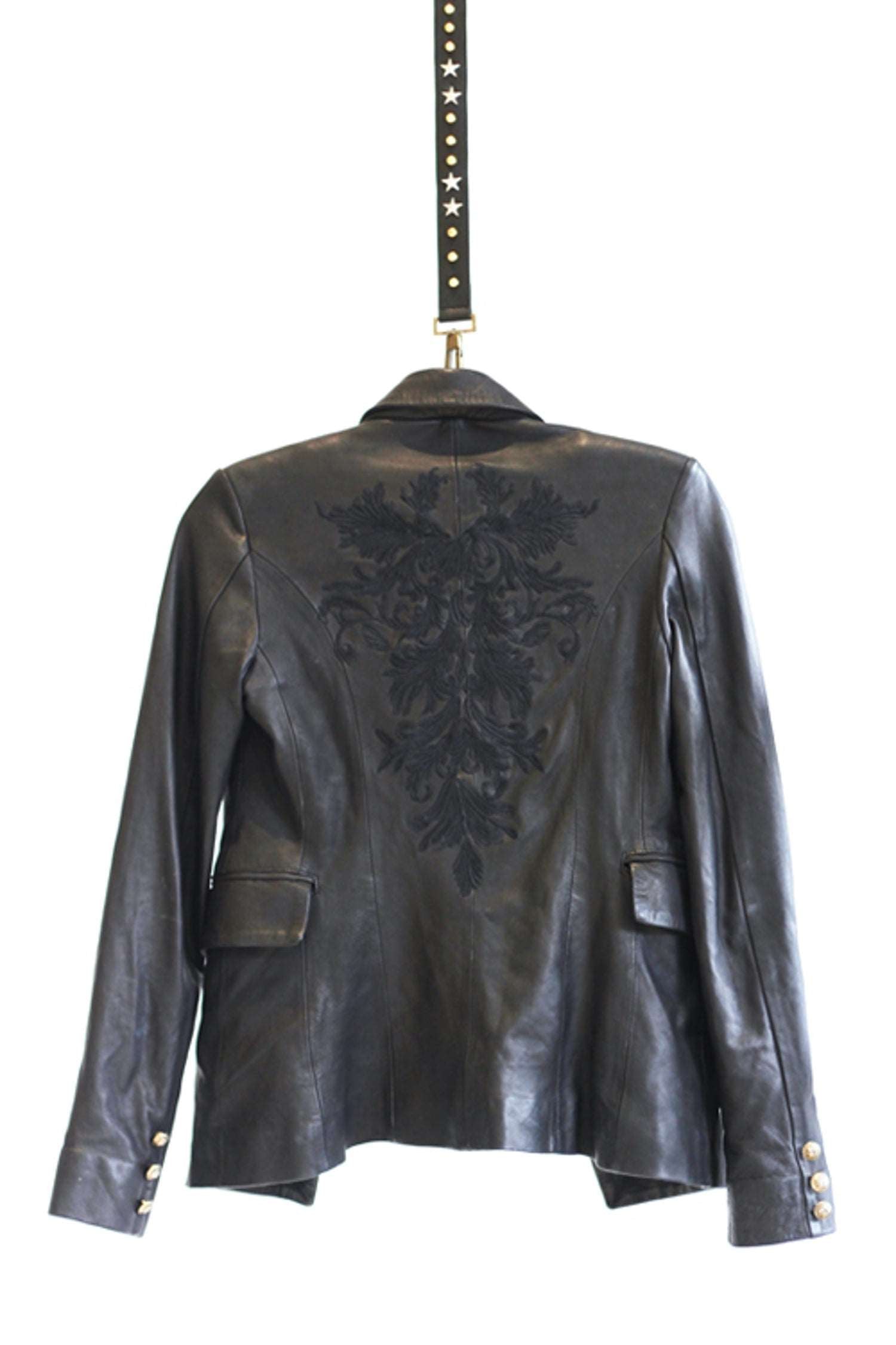 Embroidered Leather Blazer - Black