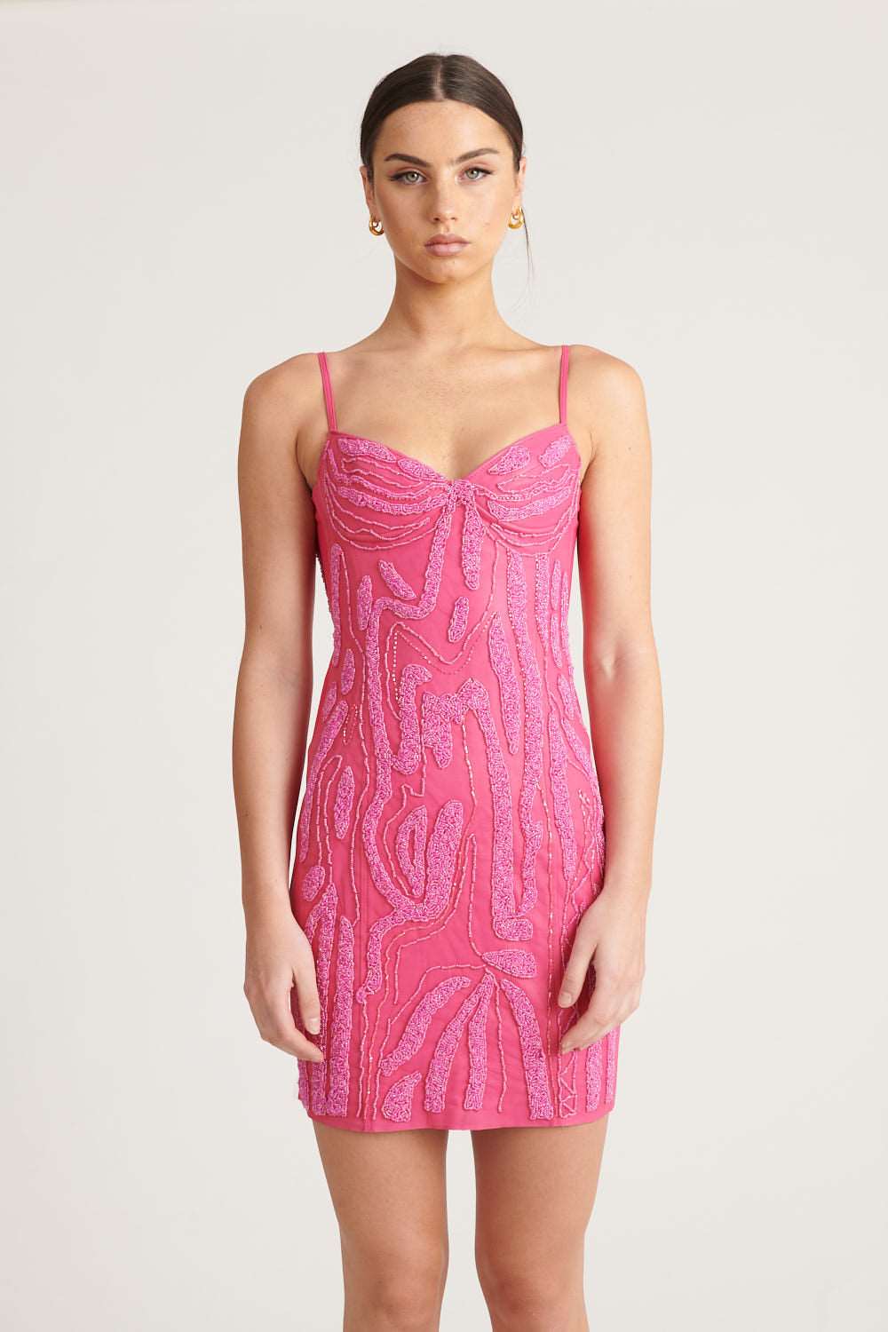 Beaded Leather Date Dress - Pink