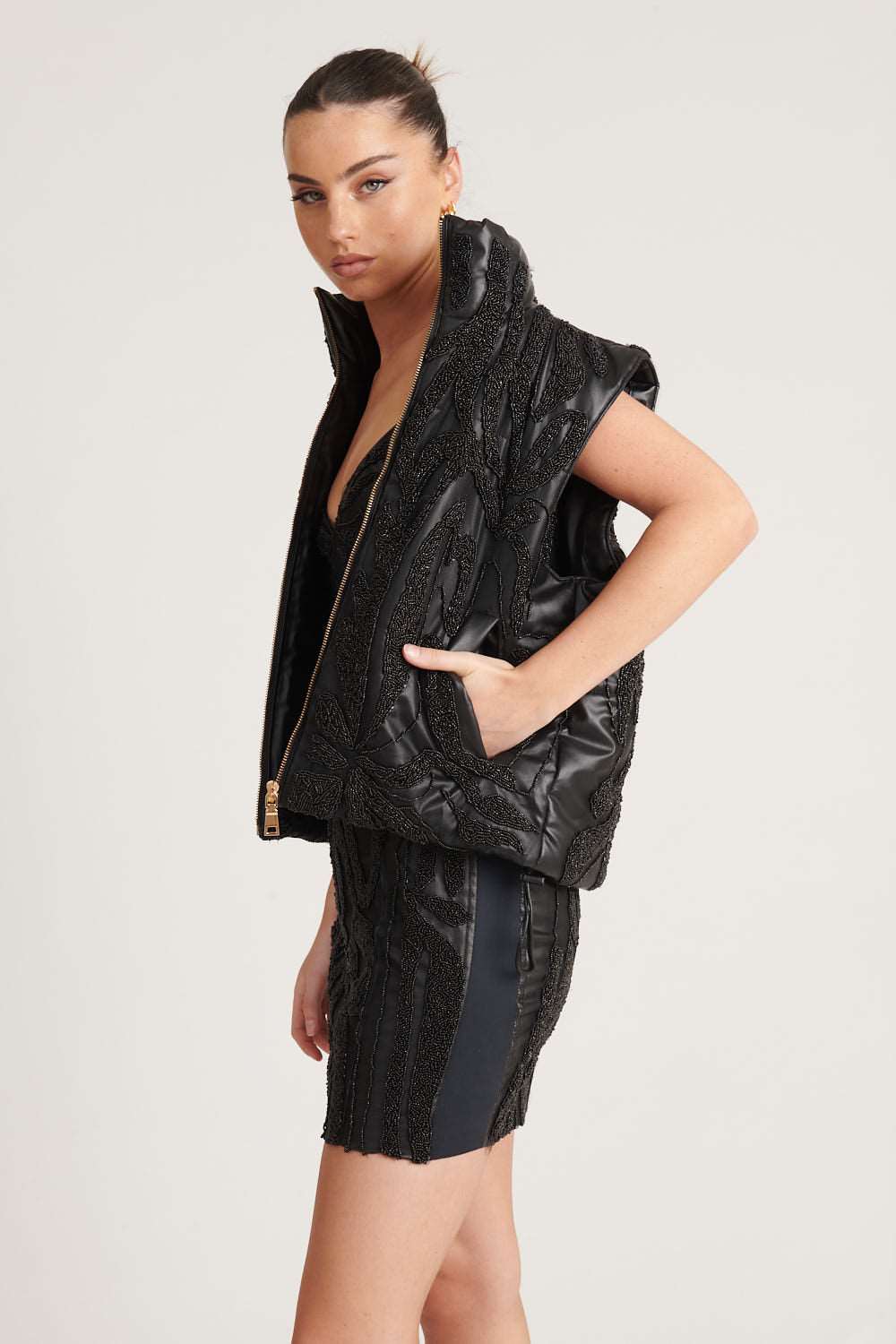 Beaded Leather Vest - Black