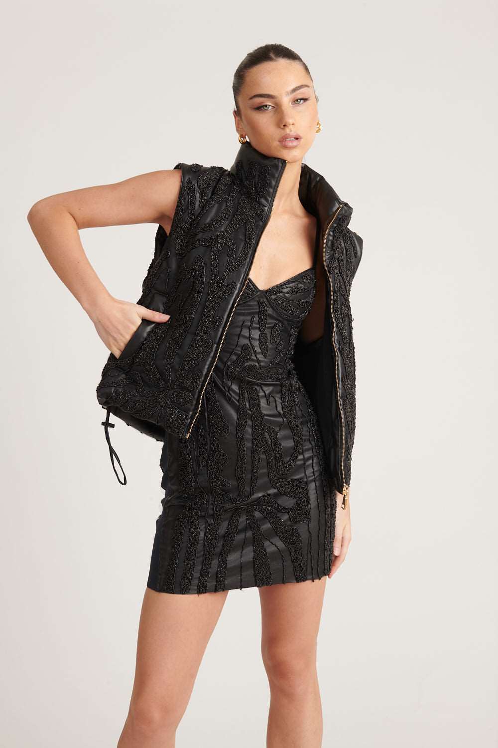 Beaded Leather Vest - Black