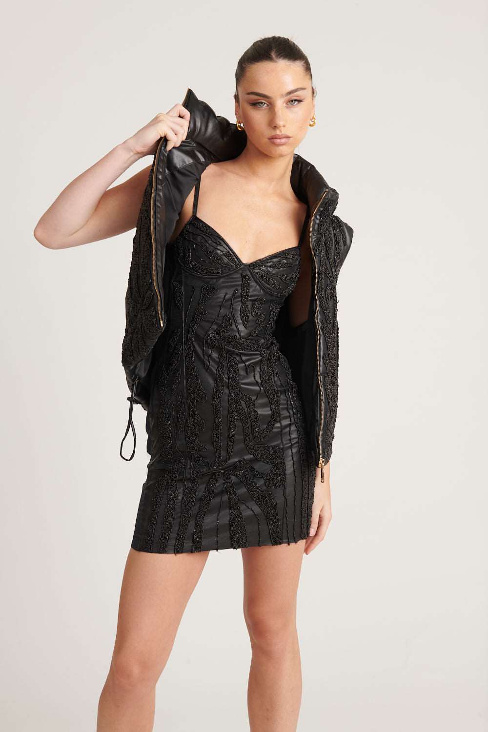 Beaded Leather Vest - Black