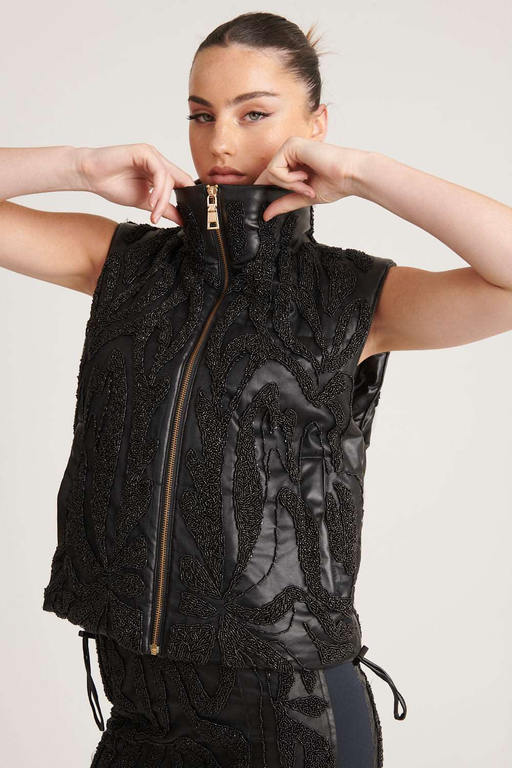 Beaded Leather Vest - Black