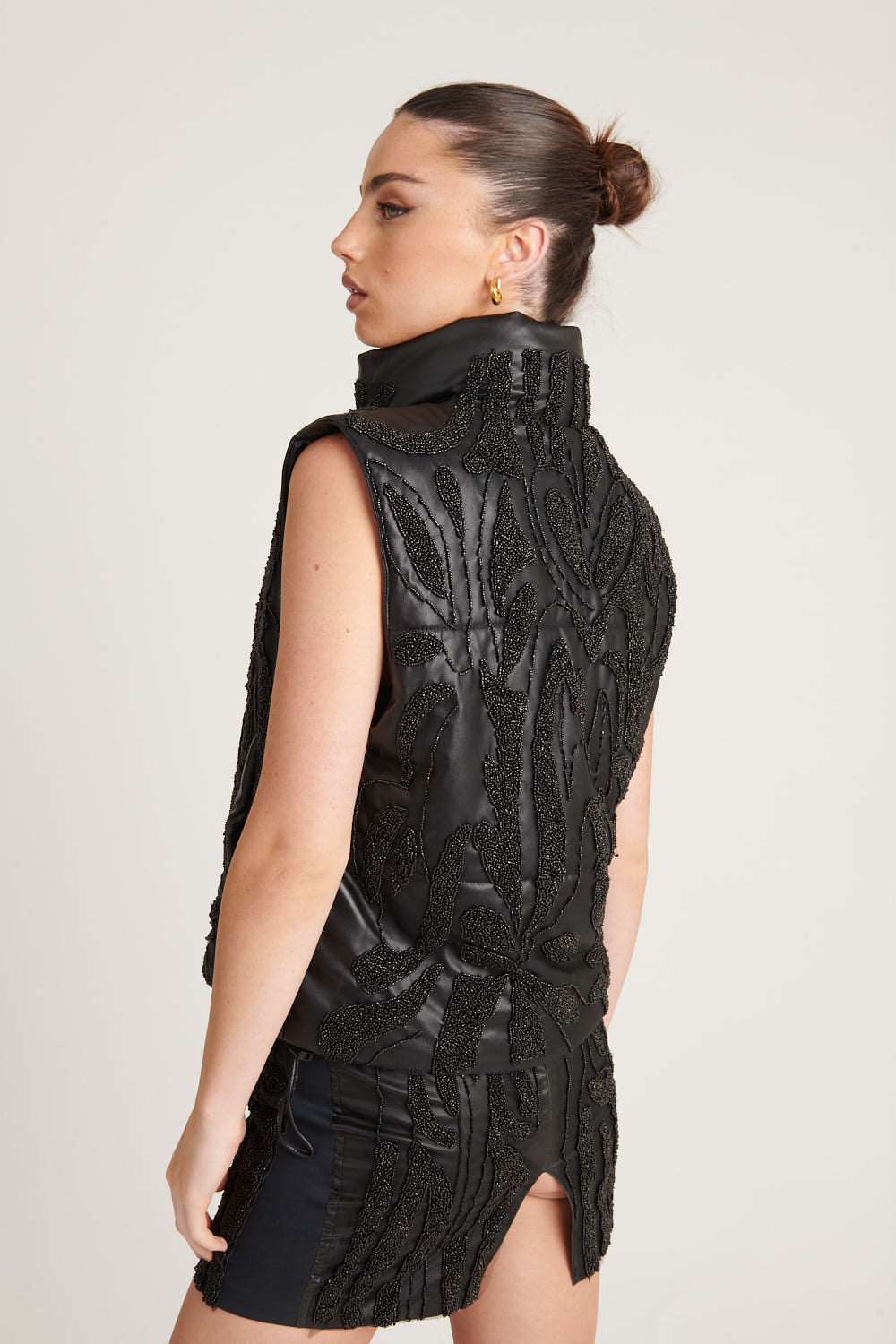Beaded Leather Vest - Black