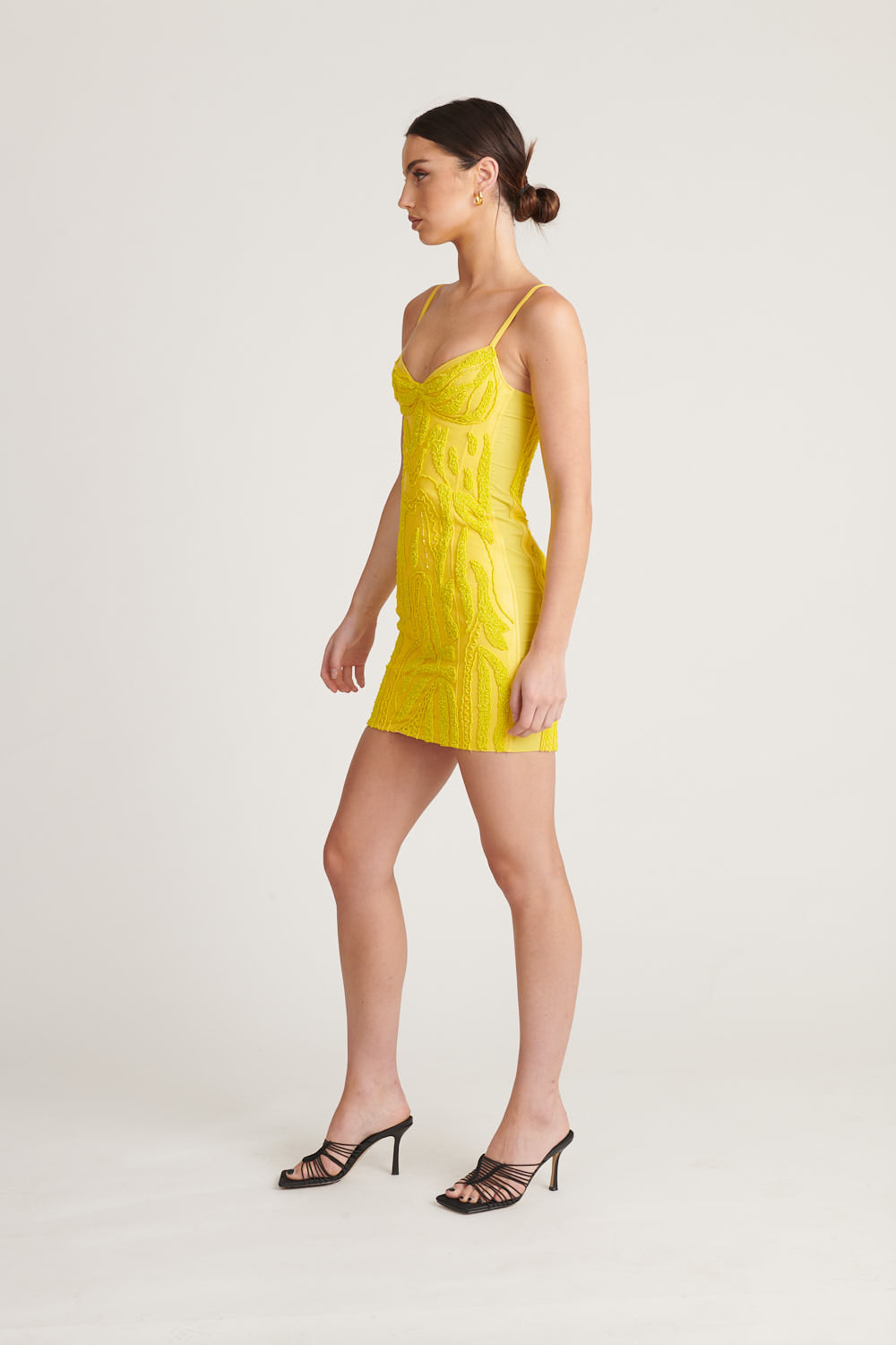 Beaded Leather Date Dress - Yellow