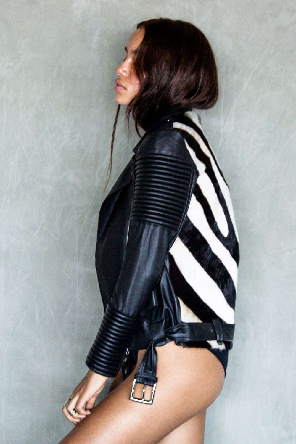 Side View of our Zebra Biker Jacket with Arm Detailing
