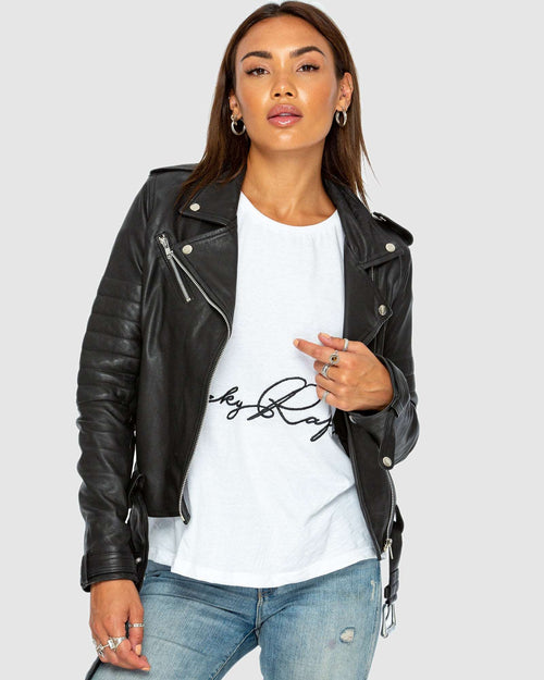 Carved Leather Biker Jacket - Black Rose