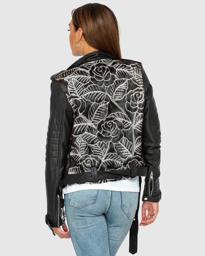 Carved Leather Biker Jacket - Black Rose Rocky Rafaela