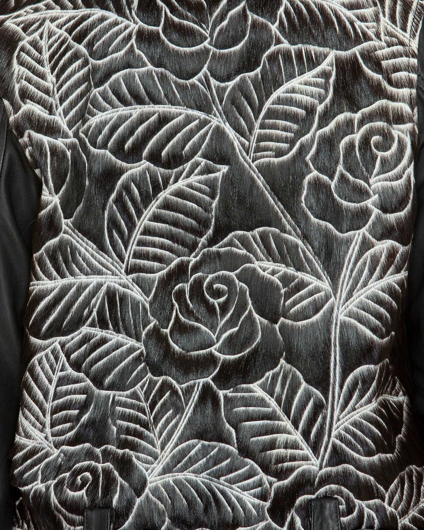 Carved Leather Biker Jacket - Black Rose