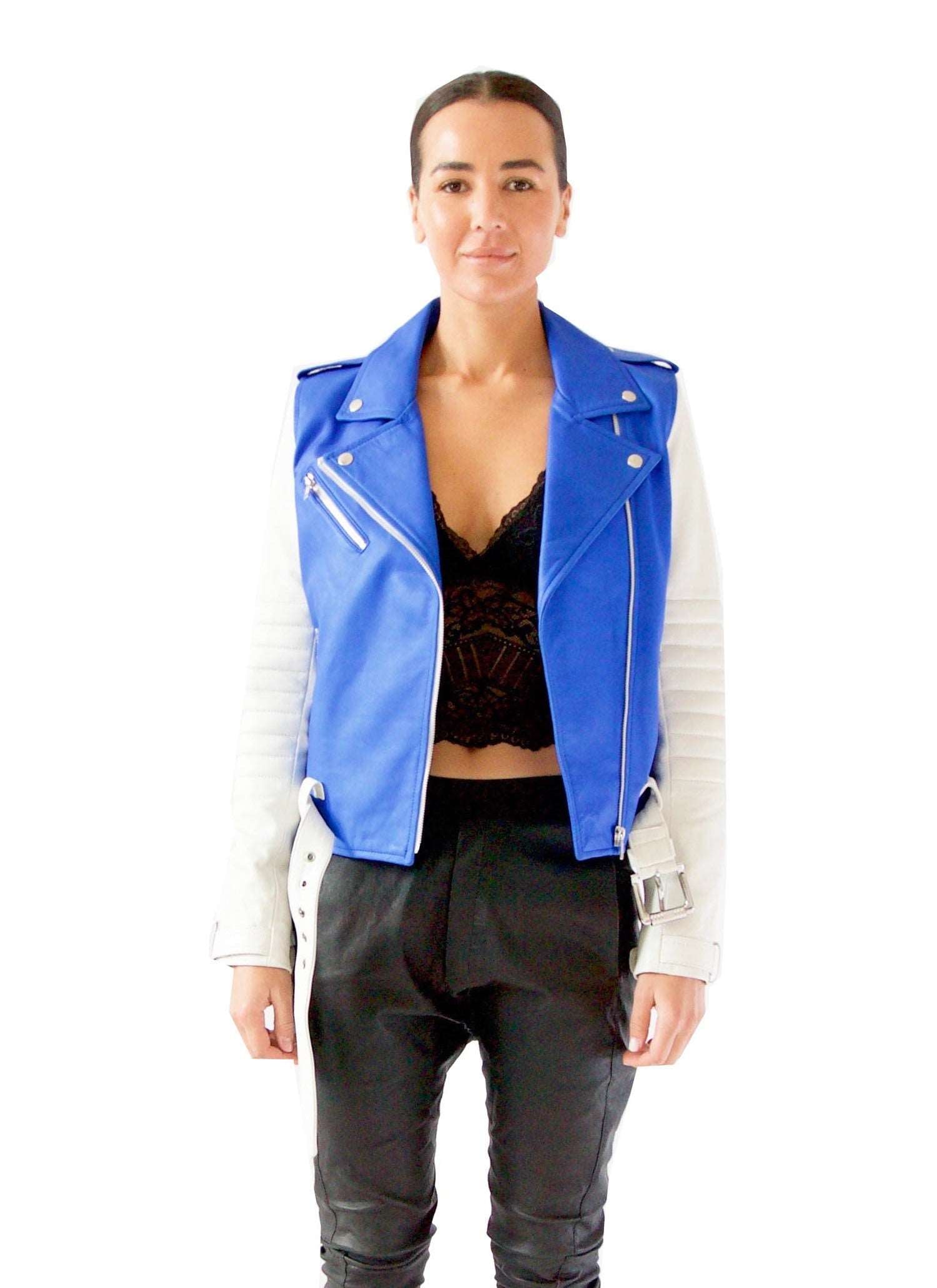 Blue Leather Carved Biker Jacket - Blue and White