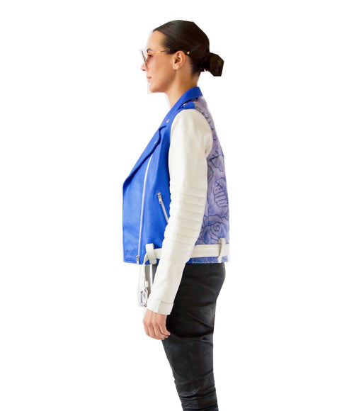 Blue Leather Carved Biker Jacket - Blue and White