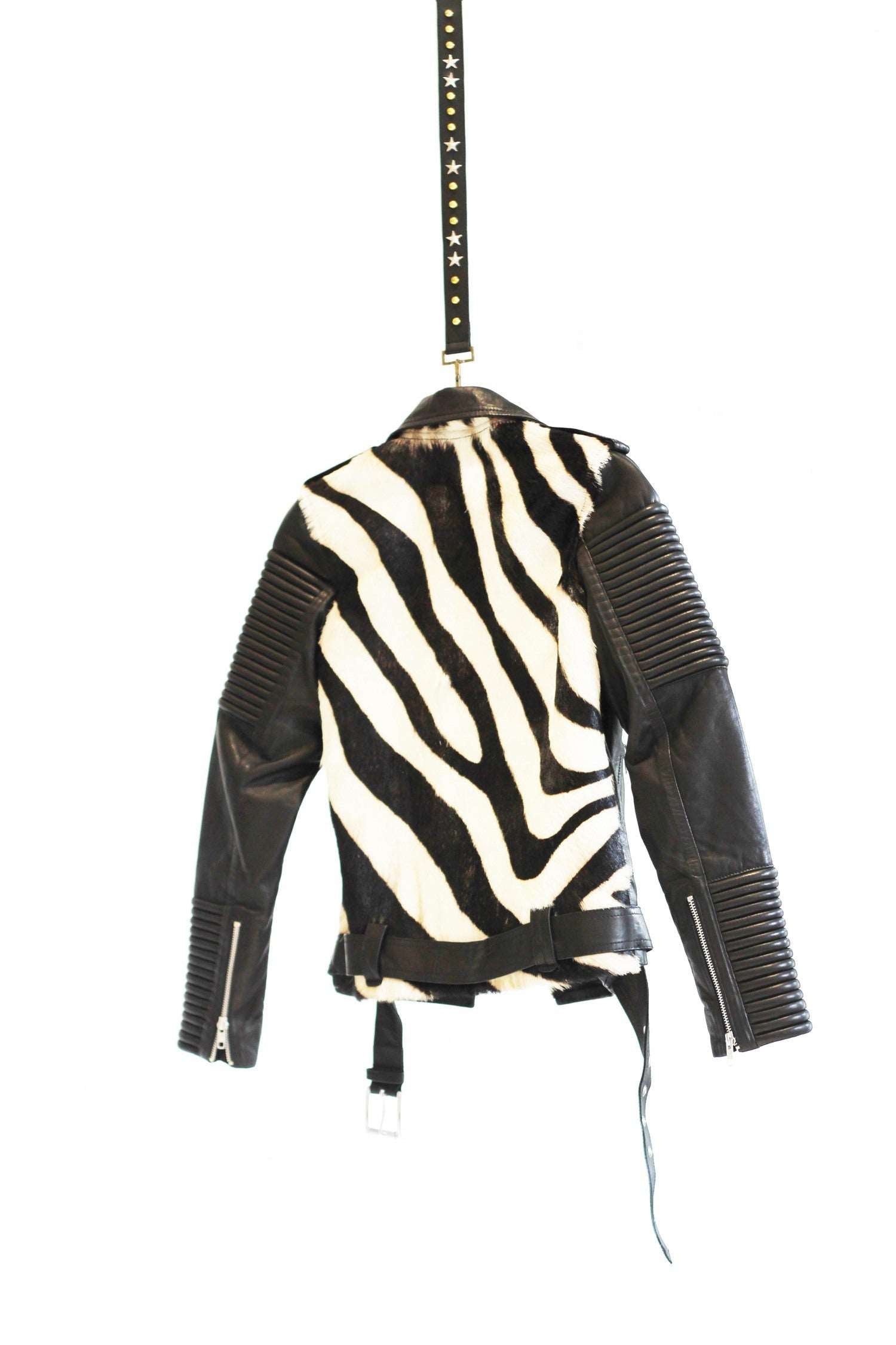 Zebra Print Leather Biker Jacket - Black